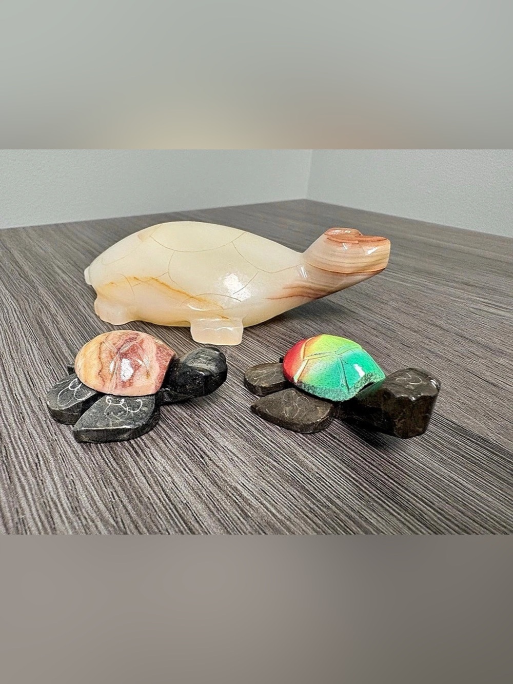 Set of 3 Carved Stone Turtle Figurines Natural & Colorful Decor